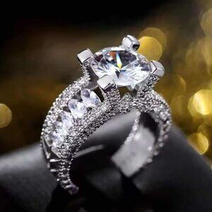 Women's CZ Round Chunky Ring, Marquise Accents on a Sterling Silver Setting